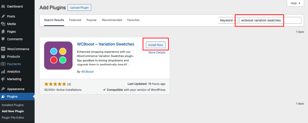 Installing WCBoost - Variation Swatches plugin directly from the dashboard