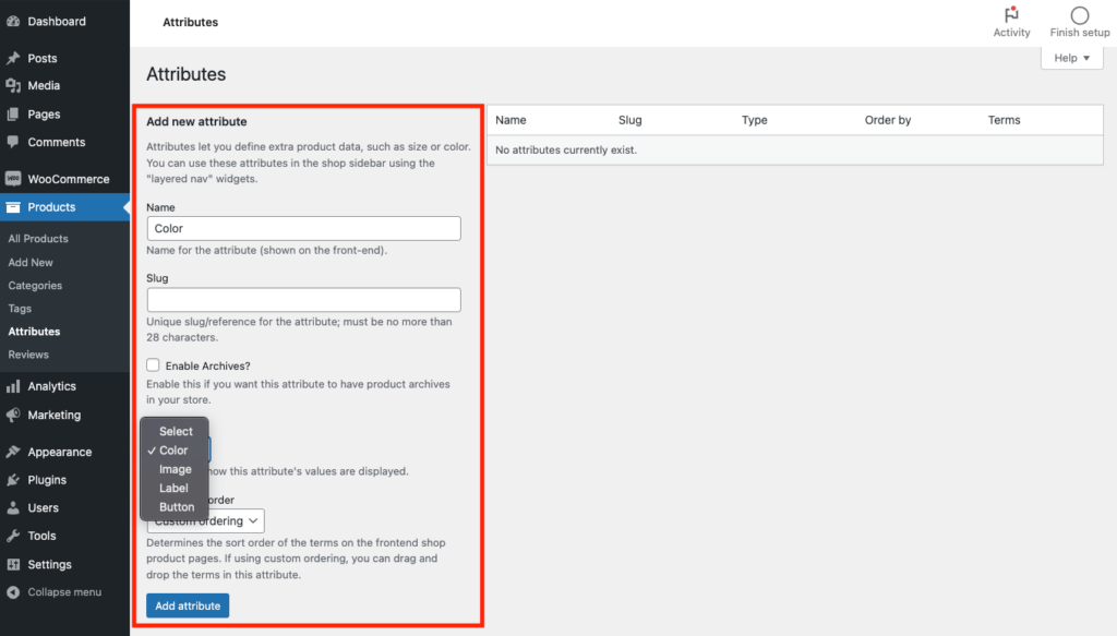 Adding a new product attributes with and set up swatches type with WCBoost - Variation Swatches plugin