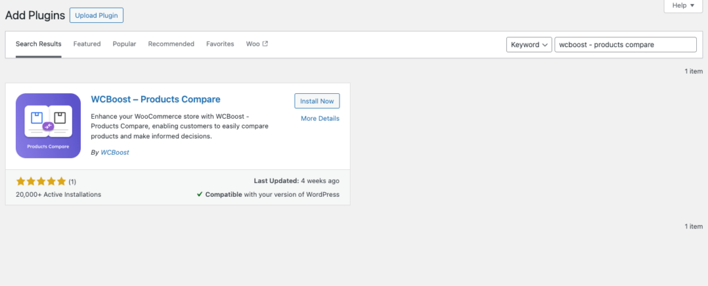 Search and install product compare plugin in WordPress admin dashboard