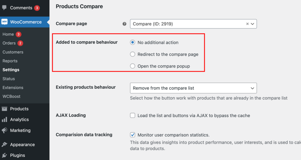 Setup compare button addition actions with plugin WCBoost - Products Compare