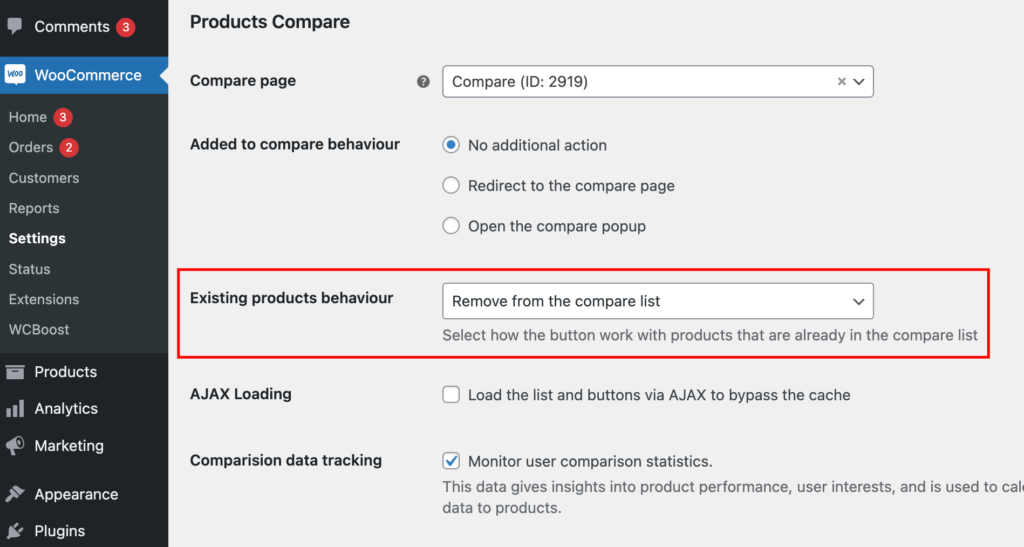 Setup compare button behavior with existing products with plugin WCBoost - Products Compare