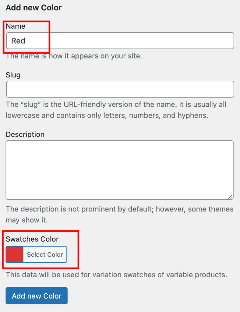 How to configure color swatches - wcboost variation swatches add new color attribute 1