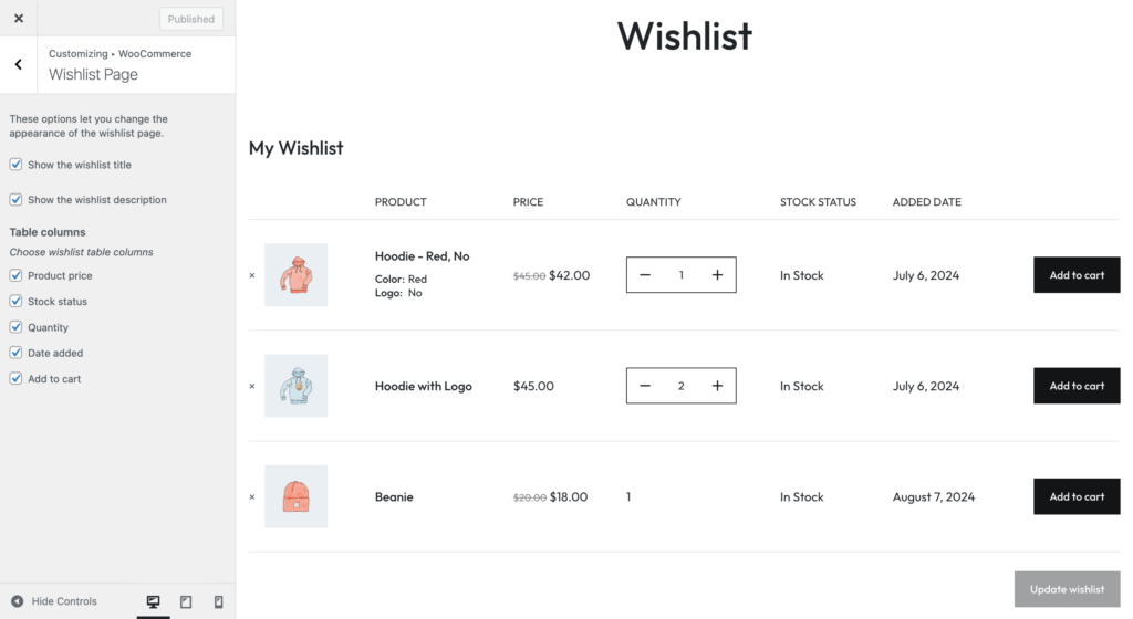 Wishlist Settings - wcboost wishlist customizer page