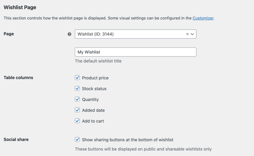 Wishlist Settings - wcboost wishlist settings page