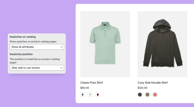 Enable the setting to show variation swatches on the shop page