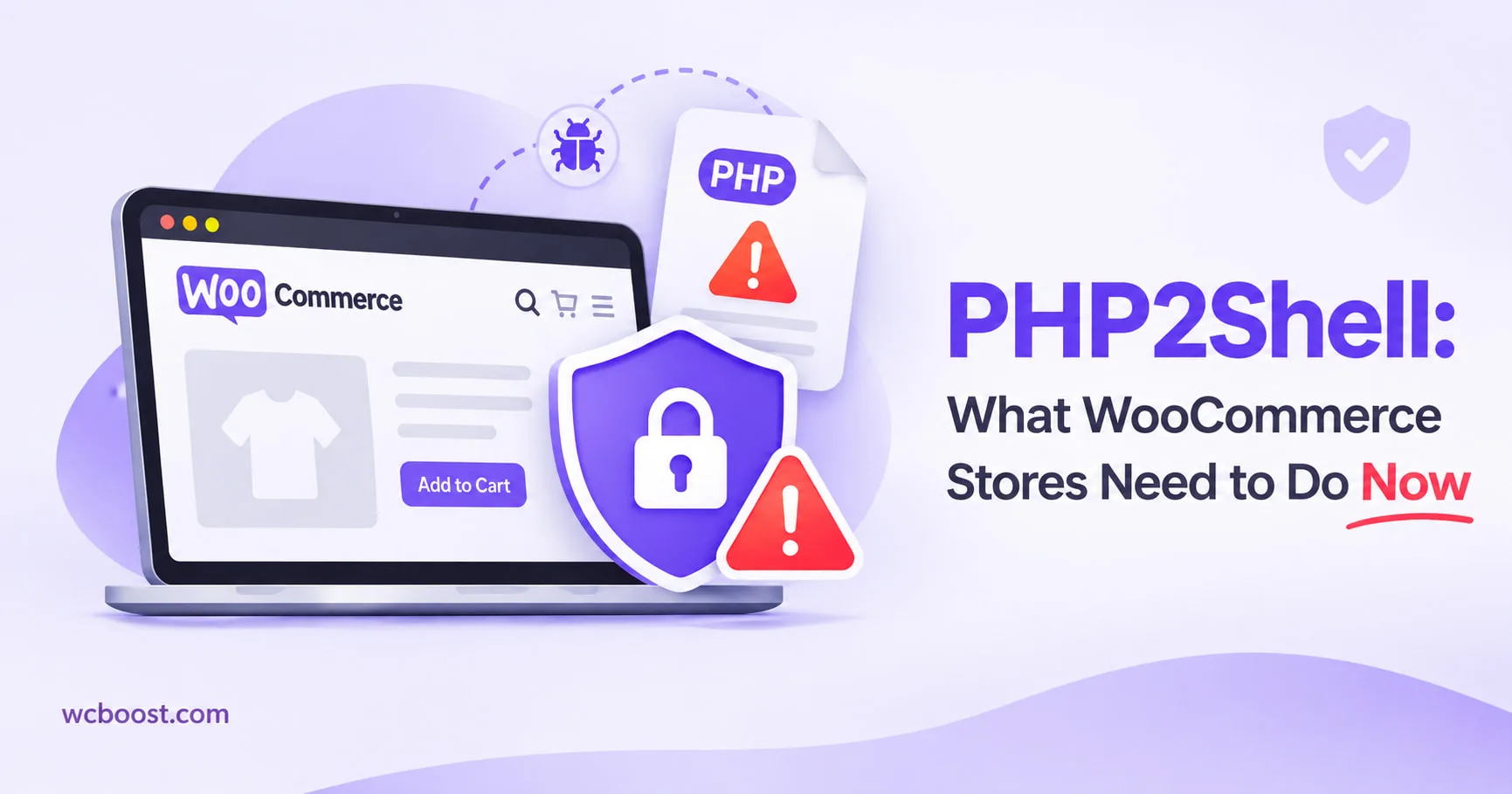 PHP2Shell security update for WooCommerce stores: illustration of a store moving to a patched PHP server, with a 9.2 out of 10 severity score